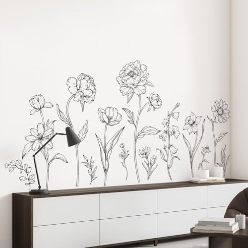 Tanlaby Flores Blancas y Negro Adhesivos Pared Flores de Jardín Pegatinas de Pared Flor Hierba Plantas Vinilos Decorativos para Sala de Estar Dormitorio Oficina TV Sofá Baño Fondo