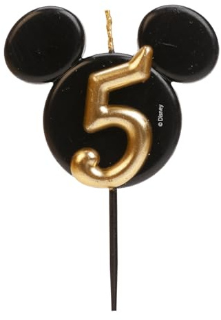 dekora - Vela de Cumpleaños de Mickey Mouse - Velas de Disney - Cera de Parafina sin Fragancia - Velas para Niños con Orejas de Mickey Mouse Negro y Dorado - Tamaño 8,5 cm - Número 5