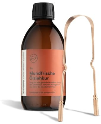 Mundfrische Ölziehkur bio 300ml, Set mit Kupfer-Zungenreiniger, Natürliche Mundpflege mit Bio-Kokosöl und Bio-Sesamöl