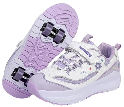 Surwin Zapatillas con Ruedas Niña, Flor Bordado Zapatos de Niños con Ruedas Zapatillas de Skateboard Zapatos de Skate Roller Skate Shoes Sneakers Moda, Regalo de Cumpleaños (Morado,35)