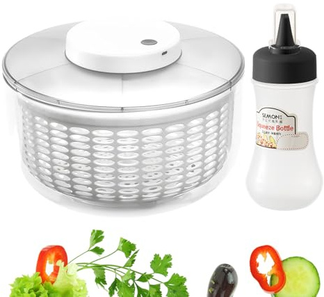 Electric Salad Spinner,6L Large Capacity Automatic Vegetables Fruit Washer Dryer Drainer Strainer,USB Charge Lettuce Spinner Cleaner with 350 ml Squeeze Bottle for Home Kitchen