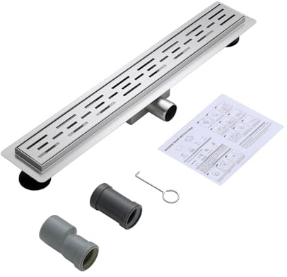 OUGOO Linear Shower Drain 60cm, 304 Stainless Steel Wet Room Channel, Height Adjustable Floor Gully, Hair Strainer & Odour Trap, DN40/50 Adapters - Brushed Steel with Slotted Grate