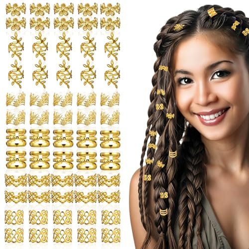 60Pcs Gold Hair Cuffs Charms Rings for Braids, Gold Hair Jewellery Clips Accessories for Braids, Adjustable Dreadlock Accessories Braid Clips Jewelry for Men Women Festival