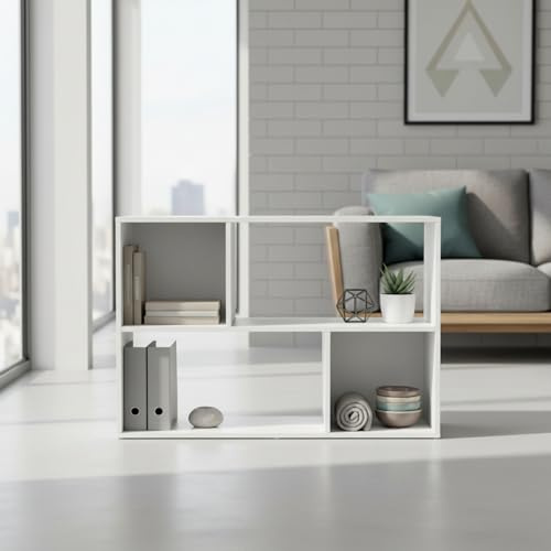 INDE MOBLEKIT | Estantería Cubo Rectangular 4 Compartimentos 85x30x59 cm, Estantería Baja Blanca de Madera, Mueble Almacenaje para Dormitorio, Entrada o Mueble de Cocina Compacta