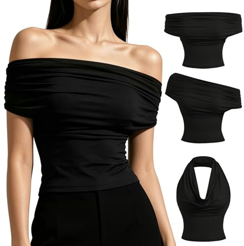 KEUOIA Halter Neck Top, 3-in-1 Off The Shoulder Tops for Women Summer Backless Going Out Top Sexy Y2K Party Cowl Neck Tops for Women