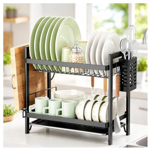 Tiazhan 2 Tier Dish Drainer Rack for Kitchen Counter, Large Capacity Stainless Steel Drying Rack with Removable Drip Tray & Utensil Holder, Rustproof Space-Saving, Black
