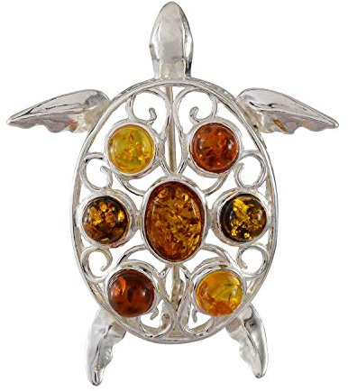 Sterling Silver and Multicolored Baltic Amber Turtle Brooch