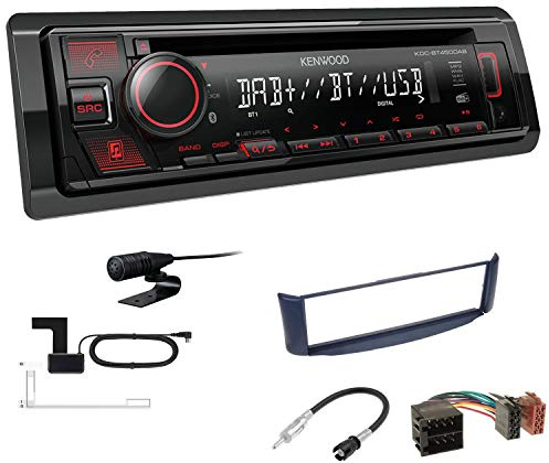 Kenwood KDC-BT450DAB 1-DIN DAB Autoradio Bluetooth CD USB AUX Einbauset passend für Smart ForTwo Cabrio Coupe 1998-2007 grau