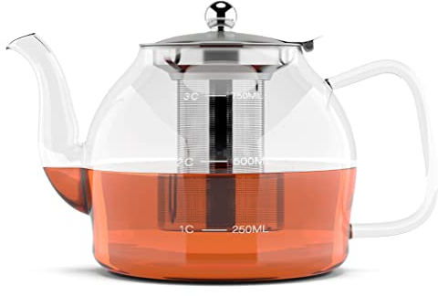 HEFTMAN Tetera de vidrio de 800ml con infusor para té suelto, sirve de 2 a 4 tazas, hecha de vidrio de borosilicato resistente al calor, con boquilla que no gotea y colador/tapa