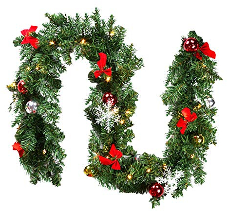 Tubiaz Ghirlanda natalizia 5 m con illuminazione a 100 LED, luce bianca calda, ghirlanda di Natale artificiale, corona per porta, per interni ed esterni (5 m con decorazione)