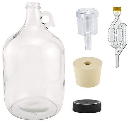 North Mountain Supply Brocca di fermentazione in vetro da 1 gallone con manico, tappo in gomma 6,5, Airlock a 6 bolle, Airlock da 2 pezzi e coperchio in plastica nera