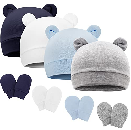 AQOKKA 4 Pcs Newborn Baby Bear Ear Hats and Mittens Set Infant Beanie Caps Newborn Hospital Hat for Baby Boy Girl 0-3 Months
