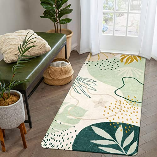 KIMODE Washable Rugs 60 x 120cm, Non Slip Rugs for Bedroom, Area Rugs Living Room Green Botanical Prints Bedroom Rug Small Soft Short Pile Bath Mat Bedside Rug Indoor Front Floor Mat