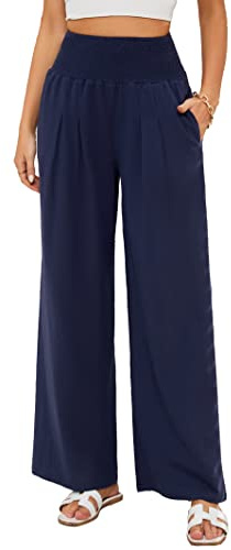 Famulily Womens Solid Color Summer Pants Ladies Loose Fit Casual Linen Wide Leg Pants with Pockets S-2XL