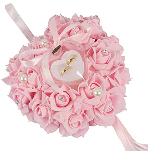 Uposao Coussin D'Alliance De Style Occidental, Coussin Porte Alliances en Forme De Cœur, Orné De Roses Et d'un Ruban Porte-Bijoux De Style Romantique pour Bagues Ou Dragées De Mariage