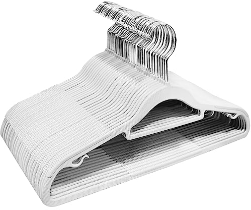 ABHENG 30 Stück Kleiderbügel, Rutschfester Kunststoffbügel, Platzsparender Bügel, 360° Drehbarer Haken, Dicke 0,5 cm, 42 cm lang, für Mäntel, Kleider, Hemden, Weiß + Silber, APY0330W