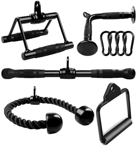 Yes4All Stångfästen, tricepspressfäste för kabelmaskin, latsdrag-tillbehör för gymset, med triceprep, dubbla D-handtag, V-formad stång, enkelt D-handtag och roterande rak pulldown-stång