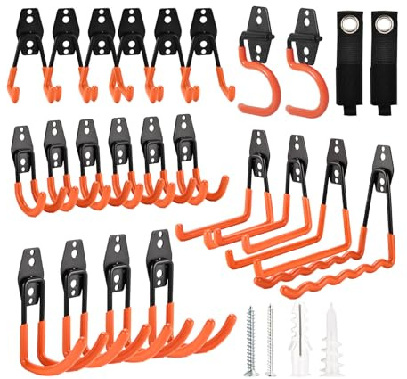 Rlipily - Confezione da 24 ganci per garage in acciaio, robusti ganci per la conservazione del garage, supporto in acciaio per montaggio a parete, appendiabiti e organizer per biciclette, attrezzi da