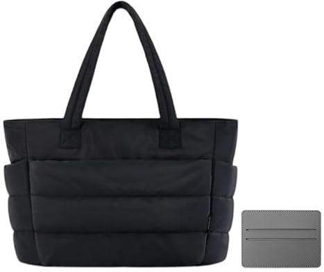 Bolso Acolchado Mujer Grande Bolso Universidad Mujer Acolchado Bolsa Ligera Y Hinchada Puffer Tote Bag Bolso De Hombro Grande Apto Para El Trabajo, La Universidad, Viajes (Negro) Con Tarjetero Gris