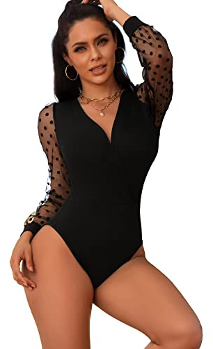 comeondear Body Noir Femme Sexy Chic Manche Longue Dentelle Bodysuit Grande Taille Élégant Col V Boutons-pression Top Base Leotard Justaucorps Lingerie Clubwear(Noir,XXL)