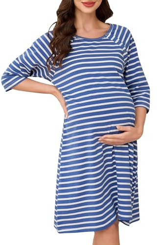 Vlazom Women 3 in 1 Cotton Nursing/Delivery/Labor/Maternity Nightgown Half Sleeve Breastfeeding Sleep Dress Hospital Gown Sleepwear with Buttons Dark Blue Stripes,L