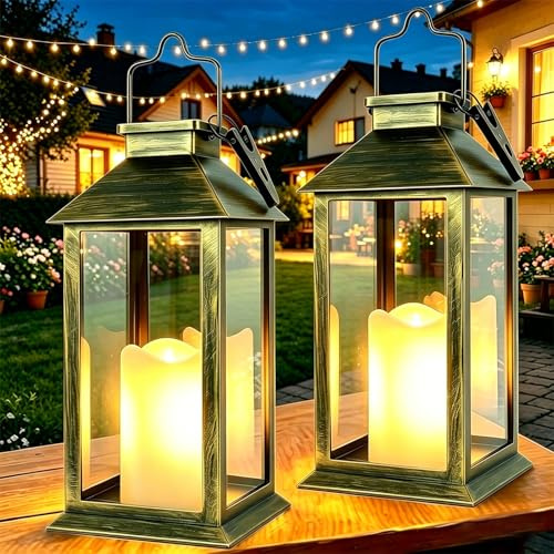 Dekofun Lanterne da Esterno, 2 Pezzi Lanterna Solare da Esterno con Candele Tremolante, IP44 Impermeabile Appendere Lampade Solari per Giardino Terrazzo Tavolo Gazebo Balcone Decorazioni - Bronzo