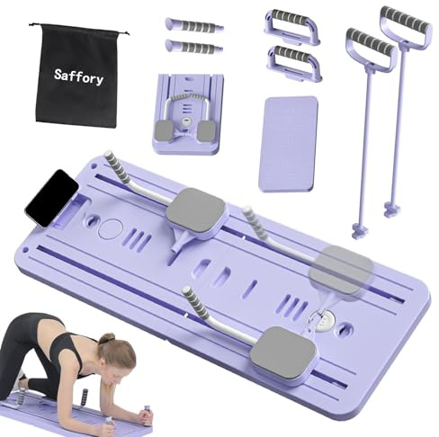 Saffory Foldable Pilates Reformer Board Set - 5 in1 Portable Pilates Machine with Auto-Rebound, Resistance Bands, Knee Pad, Timer & Phone Holder, Multifunctional Core & Abs Full-Body Trainer (Purple)