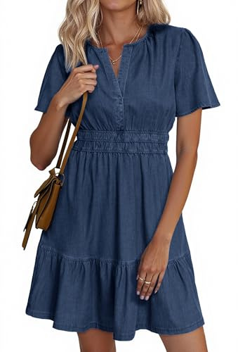Simplee Womens Summer Denim Dress Casual Short Sleeve Tiered Mini Jean Dresses Western Cowgirl Country Outfits with Pockets,Denim Navy,S