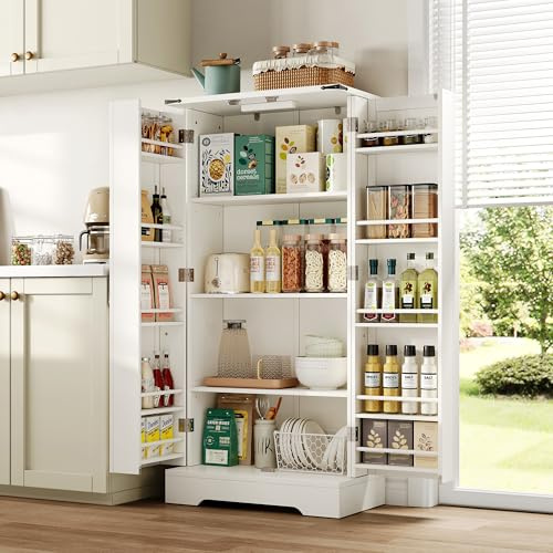 Armadio da cucina da 128,5 cm. Armadio da cucina a LED con 2 ante a battente e ripiani regolabili per piccoli spazi in sala da pranzo o soggiorno. Struttura bianca rotocalco