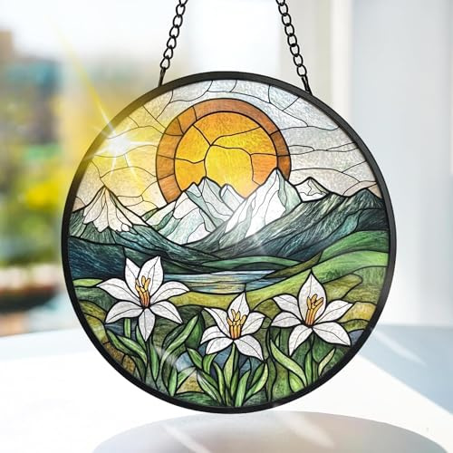 Bimkole SolbergetFönsterhänge I Målat Glas Med Solfångare -Blommor Hängande Fönsterdekoration - för Trädgård, Fönster och Dörr, Jul, Handgjord Suncatcher Dekor 20x20 cm