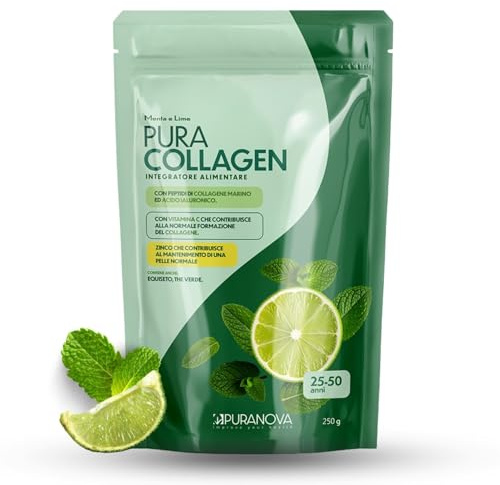 PURANOVA - Puracollagen 25-50 | Collagene Marino Idrolizzato 5g con Vitamina C, Acido Ialuronico e Zinco | Collagene Marino in Polvere per Pelle e Capelli | Gusto Menta Lime