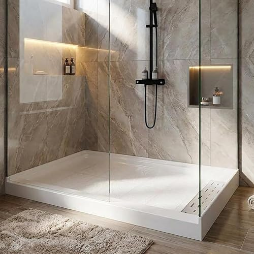 Shower Pan 48 x 32 Non-Slip SMC Shower Base, Right Drain with 304 Stainless Steel Square Drain Cover, Single Threshold Floor Shower Tray Kit for Easy Installation, White