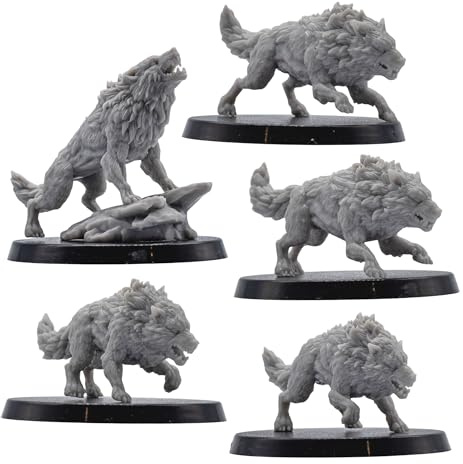 Dire Wolves Miniatures Set - 5 Wolf Monster Figures for Tabletop RPGs | 32mm Fantasy Creatures | DnD, Pathfinder, Wargames | Forged Path Miniatures | Grey Resin Models for Gamers