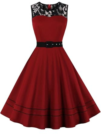AXOE Femme Robe Vintage Années 50 Ceinture Amovible A Line Cocktail Mariage Invitée Quotidienne Bordeaux, Taille 38, S