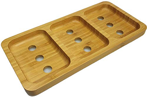 Elegante 3-Fach Seifenschale aus natürlichem Bambusholz für Bad/Dusche/Küche mit Wasserablauf und Luftzufuhr von unten zur Trocknung der Seifen, hygienisch, rutschfest
