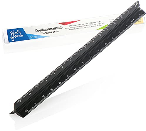 Robin Goods® Righello triangolare in alluminio - Righello architetto per disegni di costruzione, righello da disegno per architetti, disegnatori, ingegneri, studenti, 32 cm (nero - scala grande)