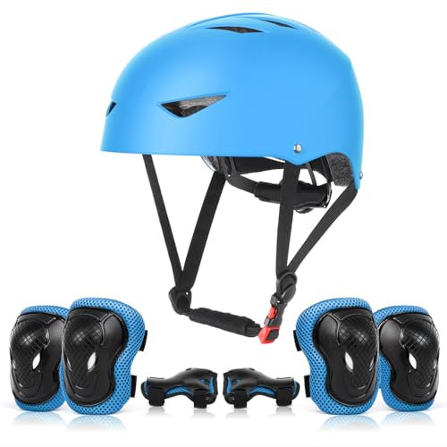 ValueTalks Kinderhelm Skateboard Helm mit Schützer inliner Kinder Schonerset Protektoren Helm für inliner Skateboard Fahrrad Rollschuh 54-58cm Kopfumfang (Blau)