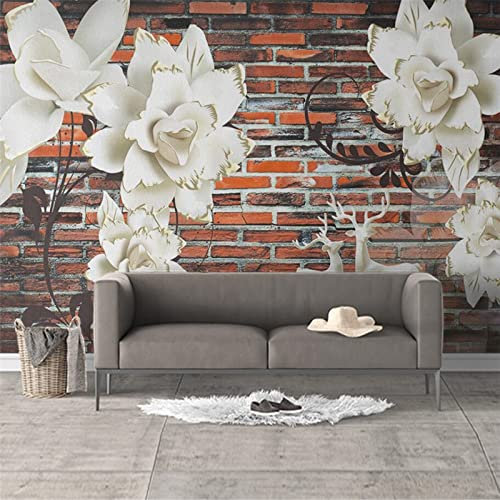 Fondo De Pared De Ladrillo Rojo En Relieve Con Flor Tridimensional Personalizada, Mural Grande Personalizado Para Decoración Del Hogar 120Cm(W)×80Cm(H)