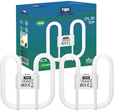 TBE LIGHTING Lampade a risparmio energetico CFL da 16 W, 2D, 2 pin, lampadine fluorescenti DD, attacco base GR8 a 2 pin, a lunga durata, luce bianca 6500 K (confezione da 2)