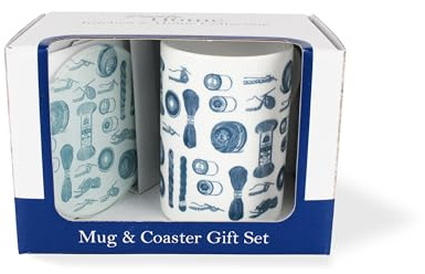 Purely Home Knitting Mug & Coaster Gift Set - Vintage Hobbies Wool Bone China Mug and Glass Coaster Set - Tea/Coffee Present