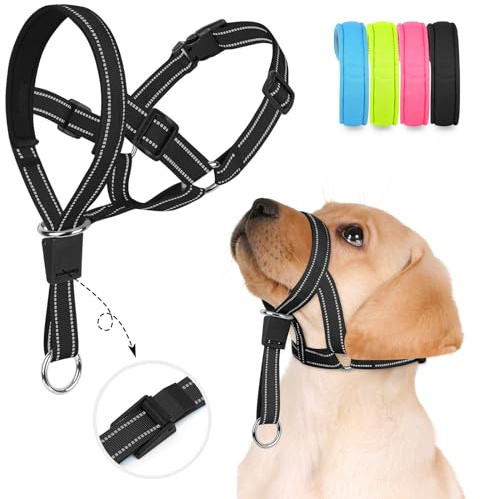 Weesiber Soft Dog Head Collar - Adjustable Dog Head Harness, Padded No Pull Head Halter Collar with Reflective Safety Strip for Training and Walking(Black,S)