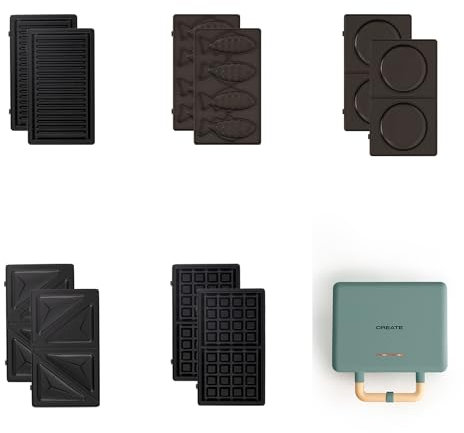 CREATE/STONE STUDIO/Sandwichera-Grill y gofrera doble verde sage / 5 placas intercambiables: Grill, Gofre, Sandwich, Taiyaki y Tortitas, antiadherente, apertura 100º, autoapagado, retro, 800W