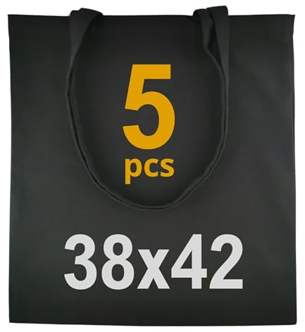 IDEA HOME Bolsa de Yute - 5 x Bolsa de Algodón - Bolsas Tote Bag de Tela Para Pintar 38x42cm 220g - Bolsa de Lona Con Asas Largas, Personalización Posible, Bordado o Pintura - Negro