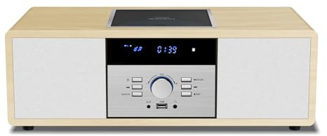 Sistema estéreo Bluetooth para el hogar con Reproductor de CD, Sistema de música Hi-Fi Vintage de Madera con Bluetooth, Radio FM, entradas AUX y USB, Control Remoto, Radio compacta y estéreo.