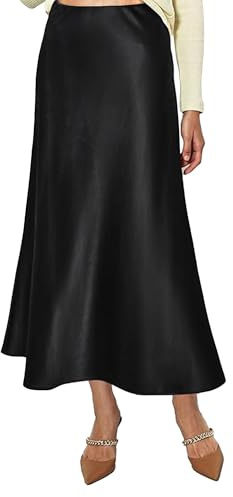 Vossmi Falda de Satén para Mujer Cintura Alta Elástica Midi Falda Casual Skirt A-Línea con Cremallera Elegante Larga Faldas de Seda Maxi Plisada Skirts Fiesta Saten Otoño Negro,M
