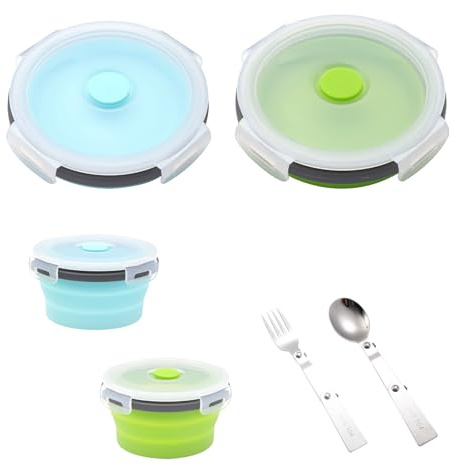 TNSLAND 2 Pezzi Ciotola Pieghevole Campeggio con coperchio, 350ML Contenitori Pieghevoli per Alimenti in Silicone, Ciotola Insalatiera Pieghevole con Coperchio per Campeggio, Escursionismo