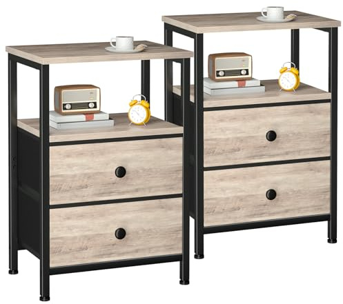 LOAKEKEL Bedside Table Set of 2, Side Table with 2 Fabric Drawers, Bedroom Bedside Cabinet with Open Storage Shelf, End Table, Nightstand for Living Room, Small Spaces, Gray UHETS002GY