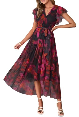 Simplee Womens Summer Floral Boho Maxi Dress Faux Wrap 2026 Flutter Sleeve Mesh Waist Tie Party Wedding Guest Dresses(Black Rose Red M)