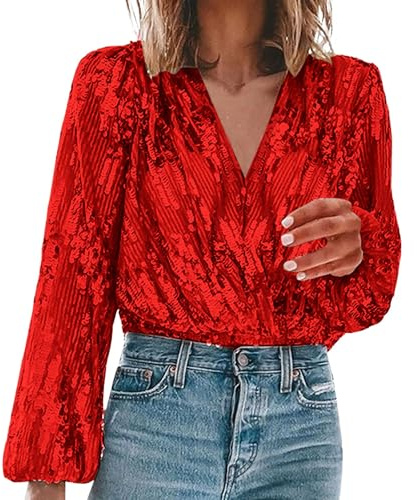 Blusas De Mujer Elegantes De Fiesta Lentejuelas Moda Cuello En V Blusa Holgada Color Sólido Moda Suelto Streetwear Chic Blusas Y Camisas Original Otoño Invierno Basic tee