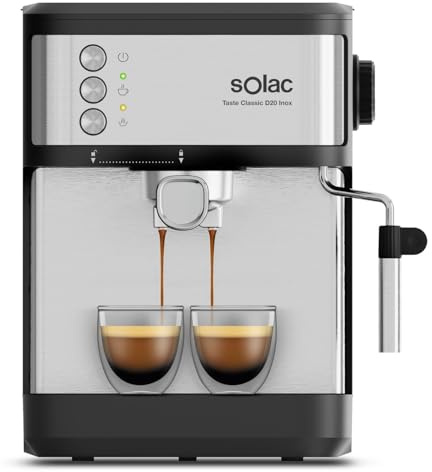 Solac – Cafetera Espresso Taste Classic D20 Inox | 850W | Presión 20 bares | Depósito 1,8L | Brazo 1 y 2 salidas | Vaporizador | Superficie Calienta tazas | Apagado automático